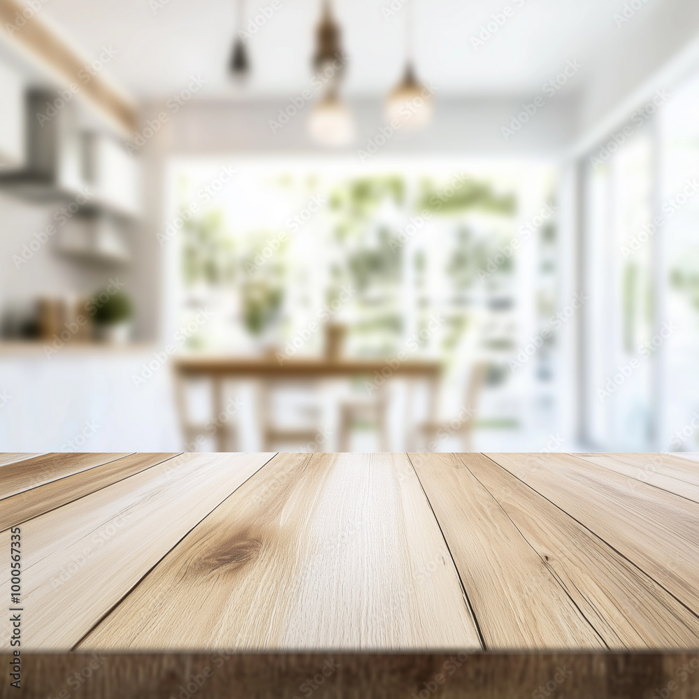 Empty Beautiful wood table top and blur bokeh modern kitchen interior background in clean and bright Empty Beautiful wood table top and blur bokeh modern kitchen interior background in clean and bright