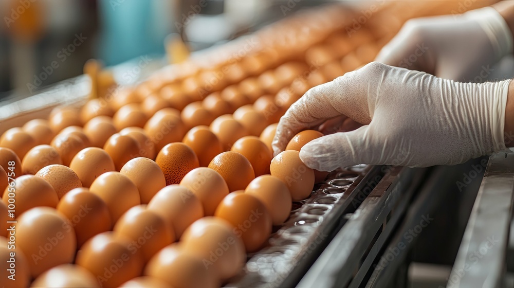 Close-up of gloved hand inspecting a line of eggs in a factory setting Close-up of gloved hand inspecting a line of eggs in a factory setting