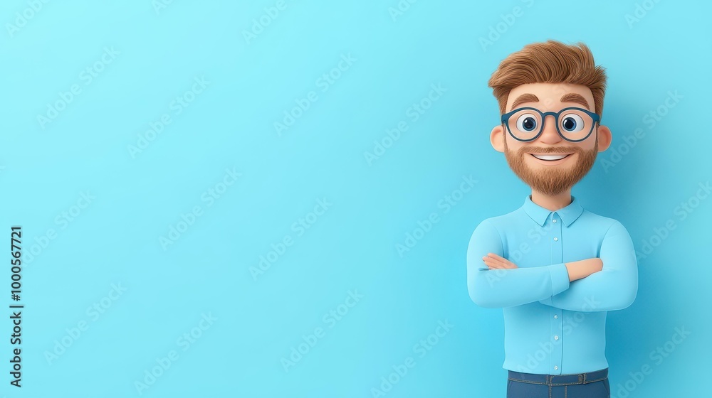 A cheerful cartoon man in a blue shirt, radiating positivity with his friendly smile against a light, clean background. A cheerful cartoon man in a blue shirt, radiating positivity with his friendly smile against a light, clean background.