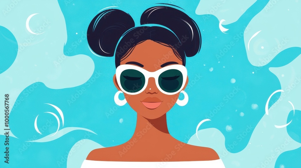 A stylish African American woman sports chic sunglasses in a vibrant, modern cartoon illustration with rich textures. A stylish African American woman sports chic sunglasses in a vibrant, modern cartoon illustration with rich textures.