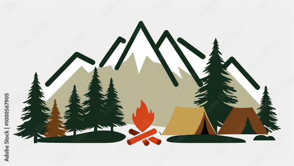 Obraz premium Adventure-themed illustration of a campsite with a tent, campfire, pine trees, and mountains in the background. Perfect for outdoor and nature designs.