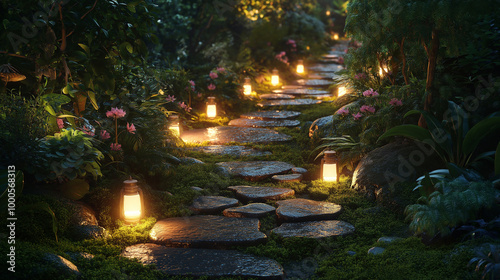 A hyper-realistic path through a magical garden where glowing moss and plants line the edges, casting soft, realistic light that reflects perfectly off the wet stones in the path