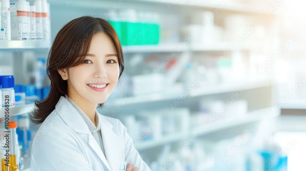 A cheerful Korean scientist smiles warmly, embodying positivity and approachability in a professional lab setting. A cheerful Korean scientist smiles warmly, embodying positivity and approachability in a professional lab setting.