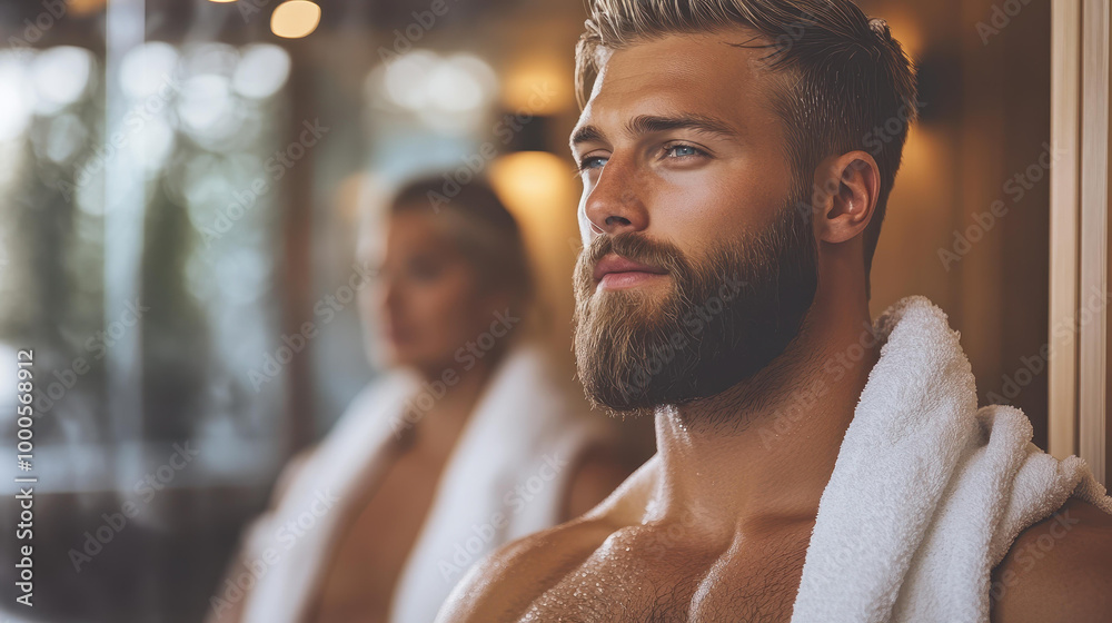 A Nordic man enjoys a moment of relaxation in a steamy sauna, surrounded by warm wooden interiors for ultimate tranquility. A Nordic man enjoys a moment of relaxation in a steamy sauna, surrounded by warm wooden interiors for ultimate tranquility.