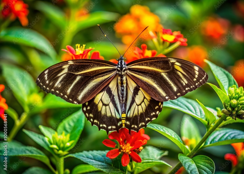 Fototapeta premium Vibrant Zebra Longwing Butterfly in Its Natural Habitat Surrounded by Lush Greenery and Flowers