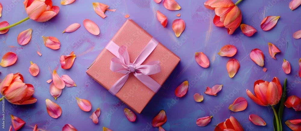 Gift Box With Bow On Purple Background With Tulip Petals Around Gift Box With Bow On Purple Background With Tulip Petals Around
