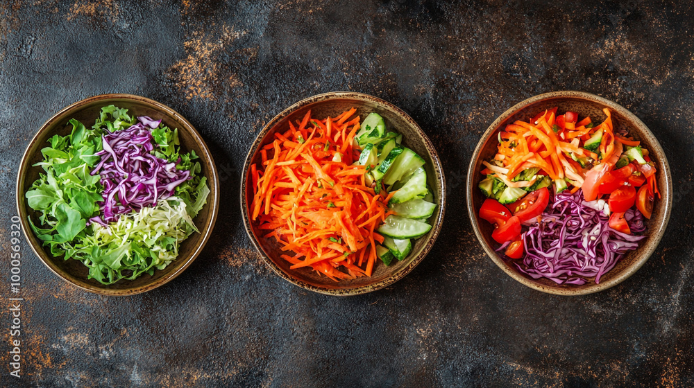 Three Bowls of Fresh Colorful Vegetable Salad on Dark Background. Top view of three bowls filled with fresh and vibrant sliced vegetables including lettuce, carrots, cabbage, and tomatoes, arranged on Three Bowls of Fresh Colorful Vegetable Salad on Dark Background. Top view of three bowls filled with fresh and vibrant sliced vegetables including lettuce, carrots, cabbage, and tomatoes, arranged on