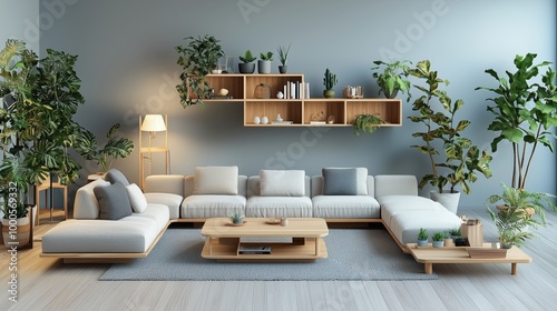 Modern Minimalist Living Room with Green Plants