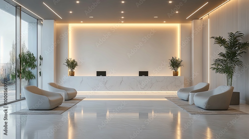 Modern Minimalist Hotel Lobby with Marble Reception Desk and Lounge Chairs Modern Minimalist Hotel Lobby with Marble Reception Desk and Lounge Chairs