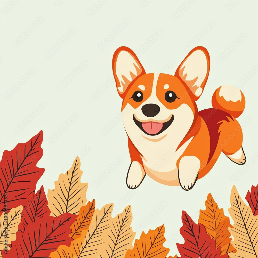 Corgi dog jumping in autumn leaves Corgi dog jumping in autumn leaves