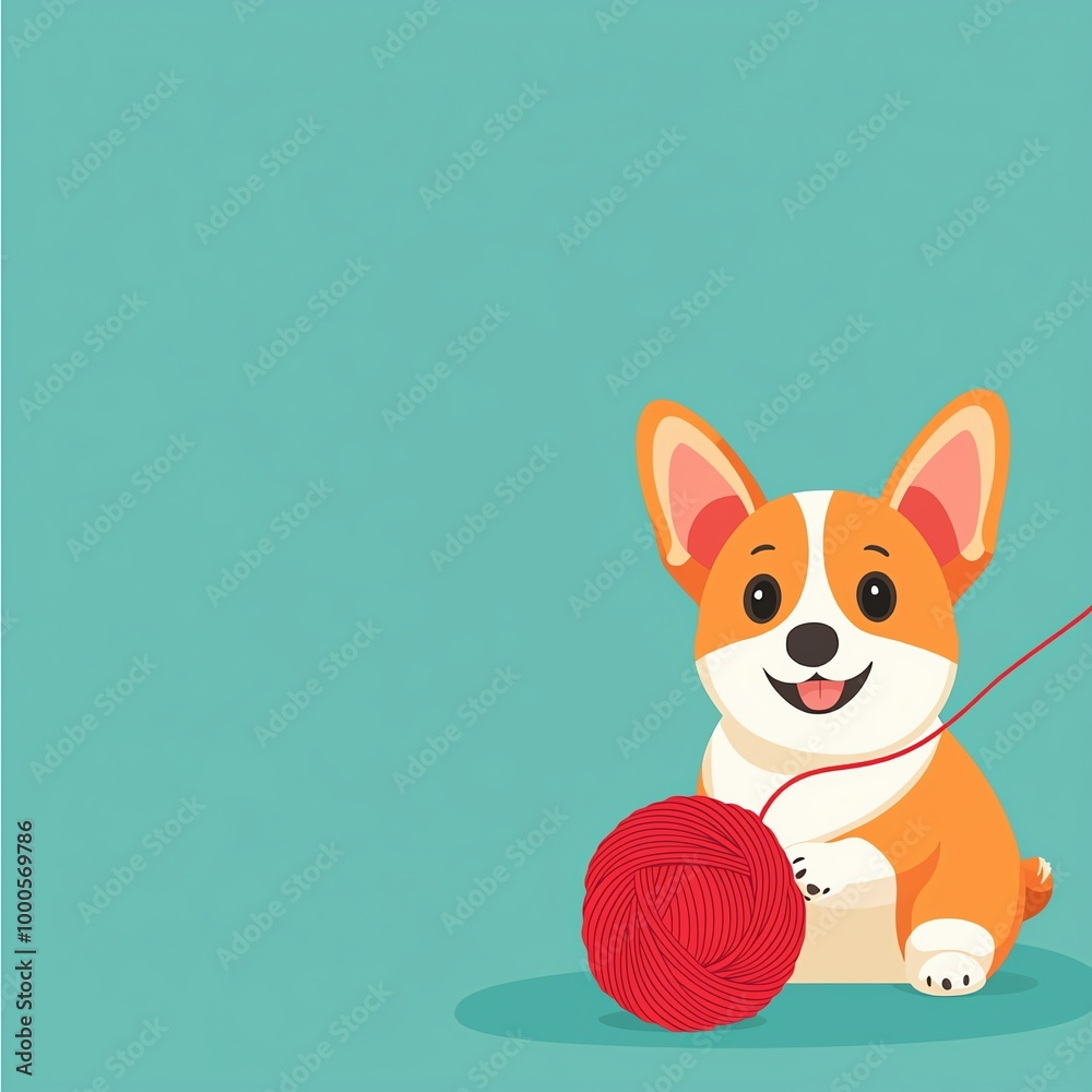 Corgi dog playing with red yarn, white background Corgi dog playing with red yarn, white background
