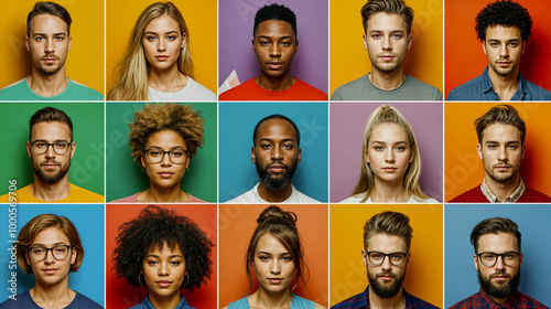 A group of sixteen young adults exhibit a range of hairstyles and facial expressions, arranged in a grid against vibrant, solid-colored backdrops - Generative AI