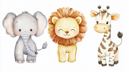 Wandcirkels Cartoons Aquarel safaridieren olifant leeuw giraffe  © missisya