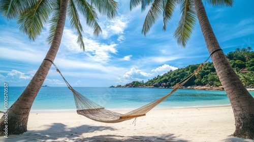 A hammock hanging between two palm trees on a secluded beach in Koh Tao, overlooking the tranquil ocean under a blue sky.