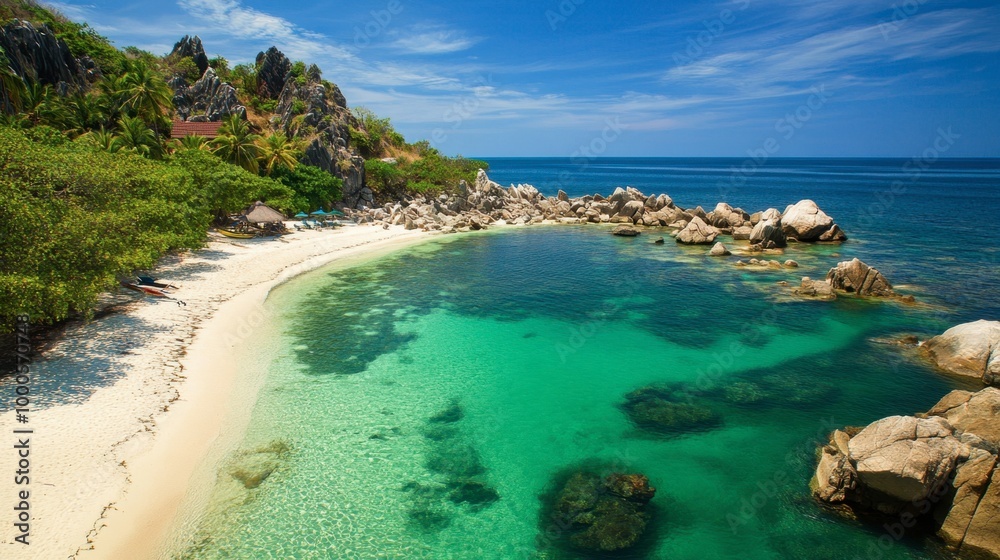 A hidden cove on Koh Tao with rocky cliffs and white sand, surrounded by emerald-green waters perfect for snorkeling and relaxing.