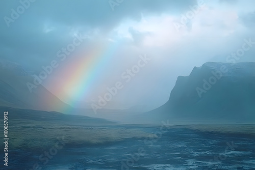 Rainbow arcing over a stormy ocean with dramatic clouds and waves