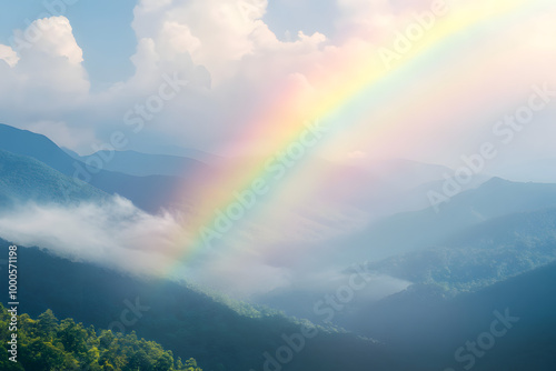 Fototapeta Naklejka Na Ścianę i Meble -  Rainbow over high mountains with beautiful green valley and blue sky