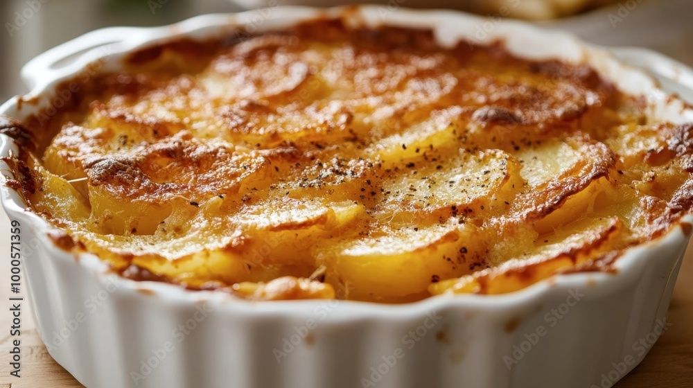 A layered potato gratin with a golden, cheesy crust on top, served in a white casserole dish. A layered potato gratin with a golden, cheesy crust on top, served in a white casserole dish.