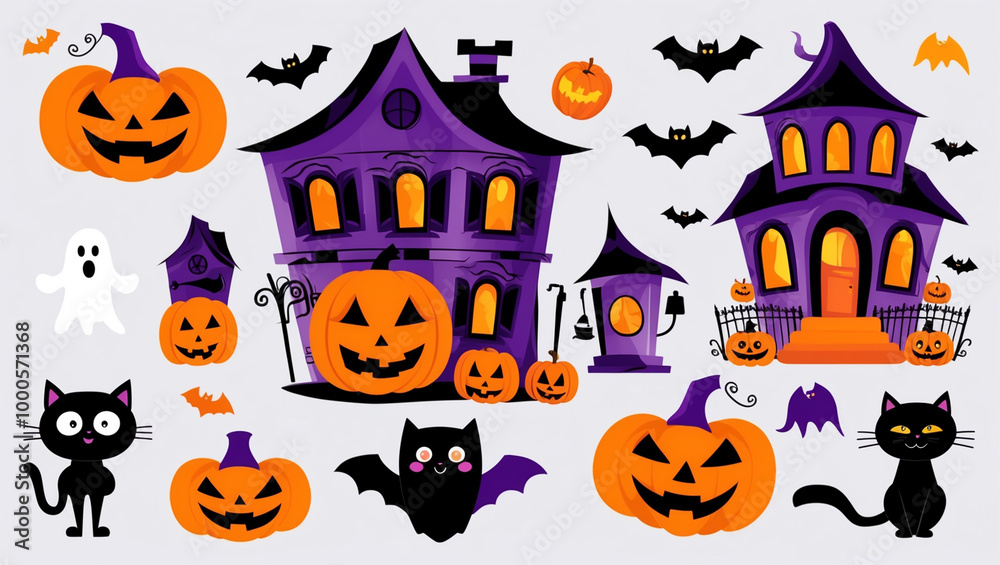 Fun and spooky Halloween illustration featuring a haunted house, pumpkins, bats, ghosts, and a black cat. Perfect for festive designs and Halloween themes. Fun and spooky Halloween illustration featuring a haunted house, pumpkins, bats, ghosts, and a black cat. Perfect for festive designs and Halloween themes.