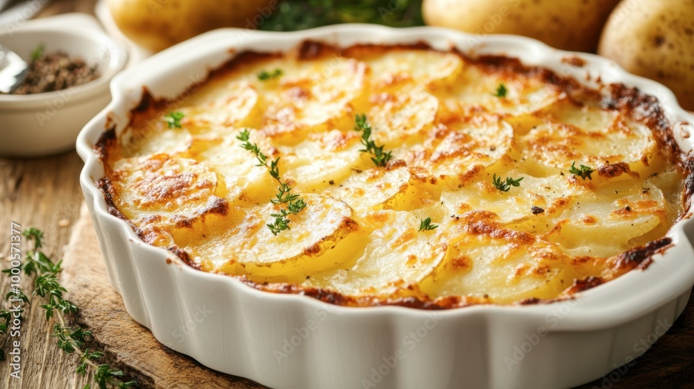 A layered potato gratin with a golden, cheesy crust on top, served in a white casserole dish.