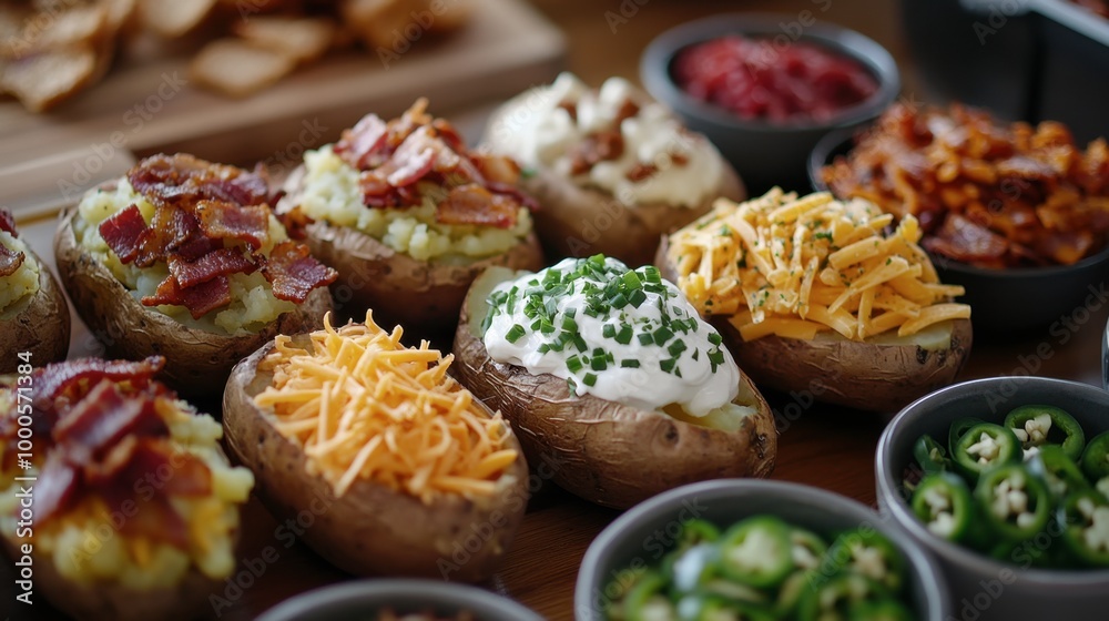 A loaded baked potato bar with various toppings like sour cream, chives, shredded cheese, bacon bits, and jalapeos. A loaded baked potato bar with various toppings like sour cream, chives, shredded cheese, bacon bits, and jalapeos.
