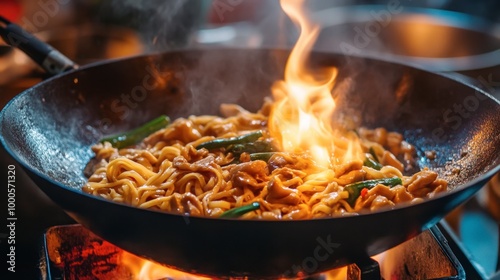 A large wok filled with stir-fried egg noodles, chicken, and vegetables, sizzling over an open flame