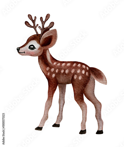 Watercolor baby deer. Little Christmas deer. Cute woodland animal hand-painted illustration. Kids design