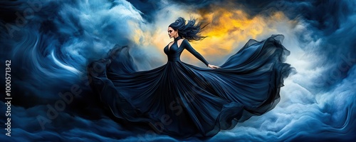 Enchantress in a sleek black dress, commanding a storm of energy, floating above the ground, high contrast, digital art photo