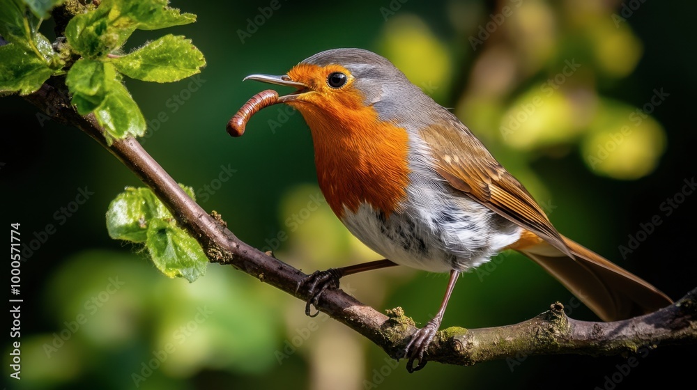 Fototapeta premium A male robin with its bright orange chest, perched on a branch with a worm in its beak, ready to feed its young.