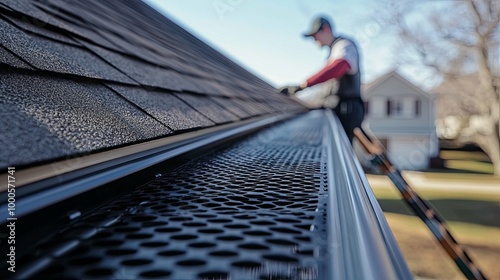 Close-up of Gutter with Mesh Leaf Guard and Shingle Roof