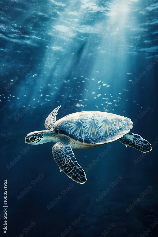 A serene underwater scene featuring a large sea turtle gliding effortlessly through the deep blue ocean A serene underwater scene featuring a large sea turtle gliding effortlessly through the deep blue ocean