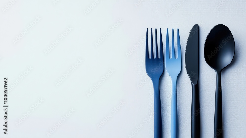 Blue and Black Utensils on White Background Blue and Black Utensils on White Background