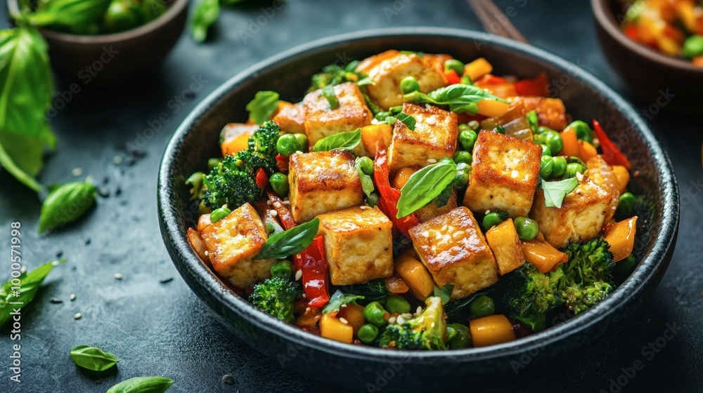 A modern twist on fried basil with vegetarian tofu stir-fry, vibrant with green herbs and colorful vegetables. A modern twist on fried basil with vegetarian tofu stir-fry, vibrant with green herbs and colorful vegetables.