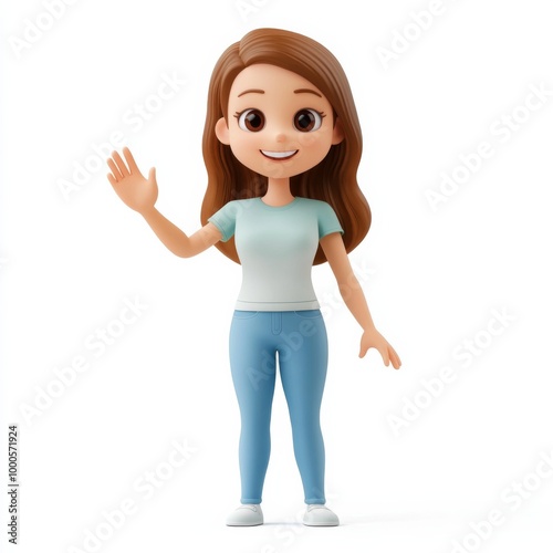 female character waving hand 3d icon in cartoon style