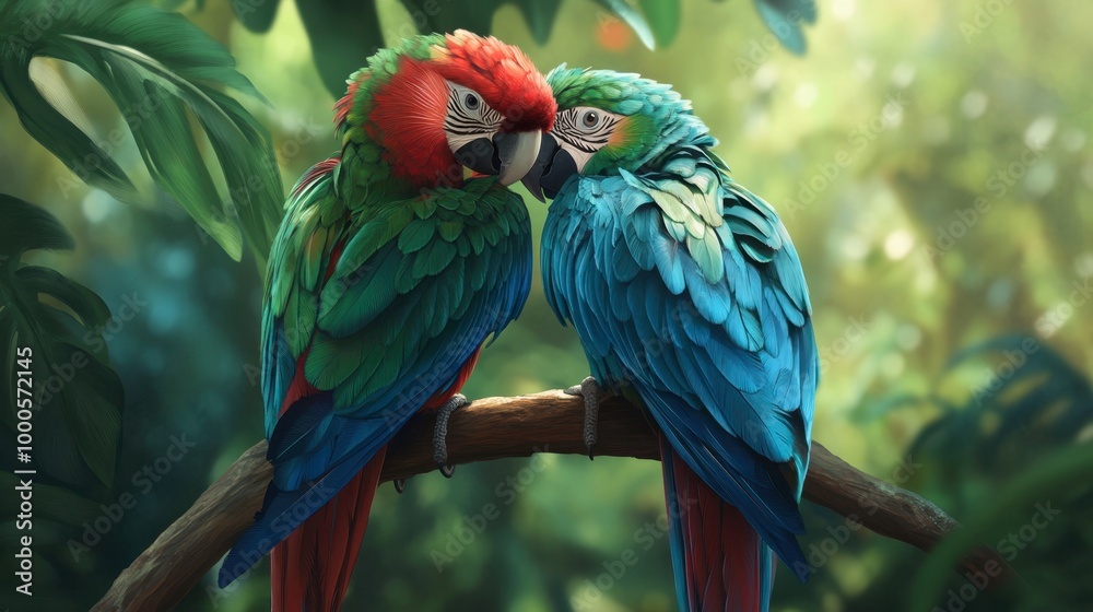 Obraz premium A pair of colorful parrots preening each other on a branch, their feathers blending in vibrant shades of blue, green, and red.