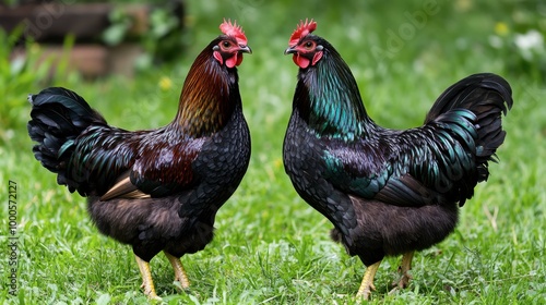 A pair of Croad Langshan chickens standing side by side, their dark, glossy feathers contrasting with the vibrant green grass. photo