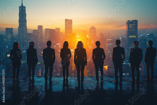 Silhouette group of businessmen and businesswomen stand together with a highrise city in the sunset background.