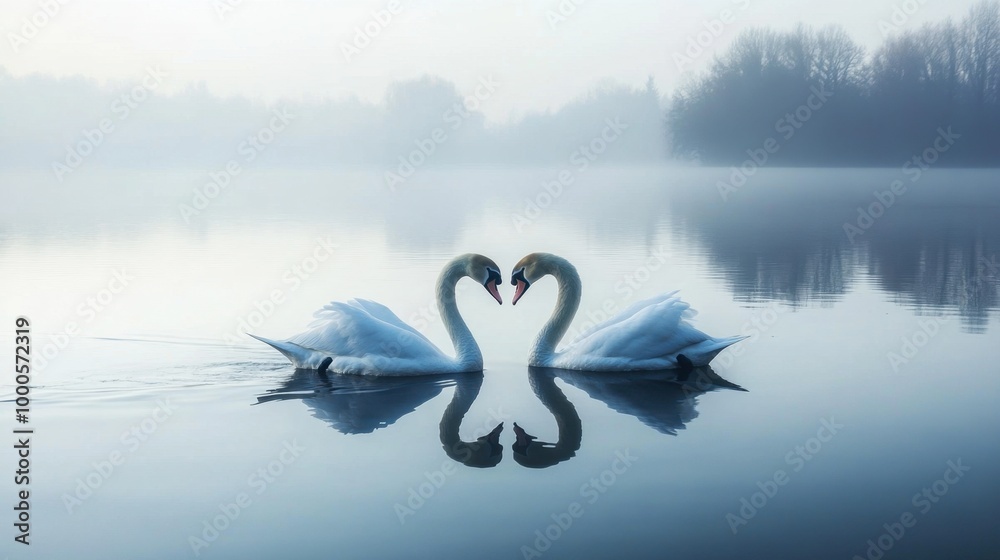 Fototapeta premium A pair of swans gliding elegantly across a serene lake, their necks curved in unison to form a heart shape.