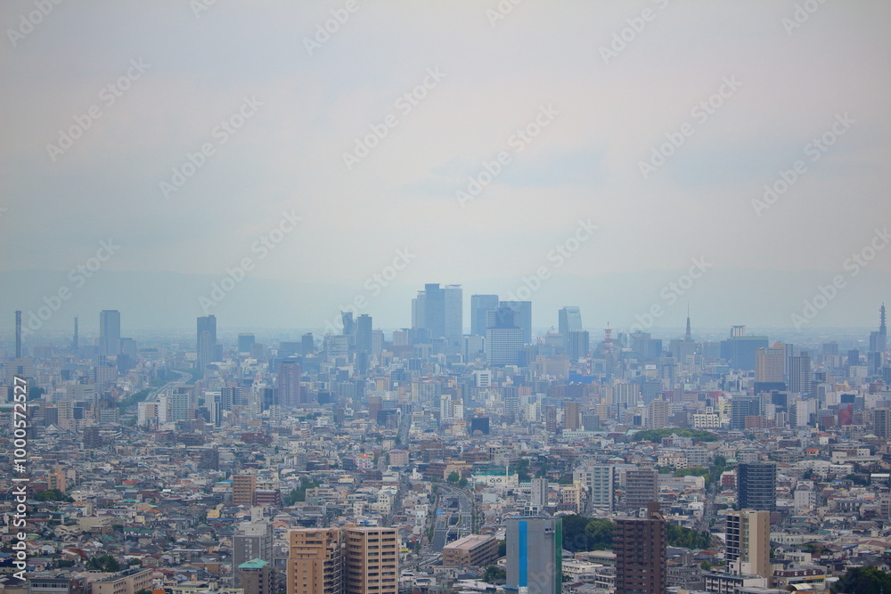 Fototapeta premium 曇り空の下遠くに見えるビル群