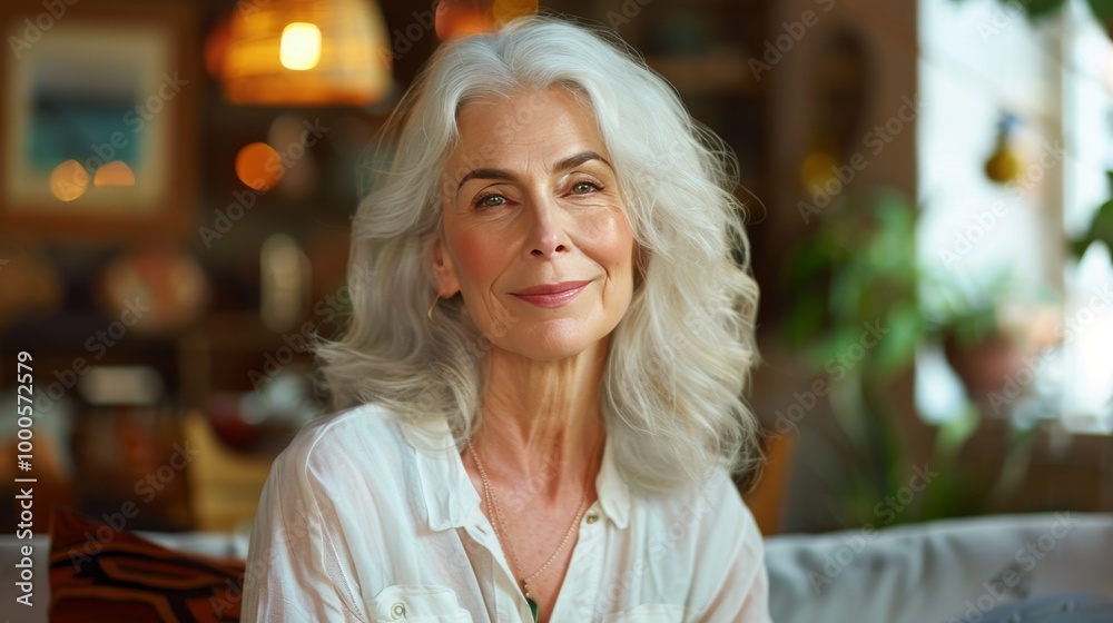 A true-to-life depiction of a cheerful middle-aged woman with white hair and a white shirt, smiling warmly