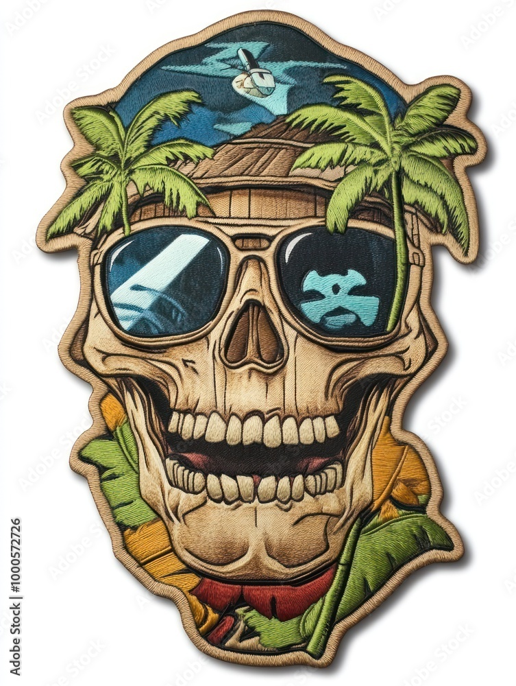 Fototapeta premium A skull wearing sunglasses and a tropical hat with a tropical island scene reflected in the sunglasses.