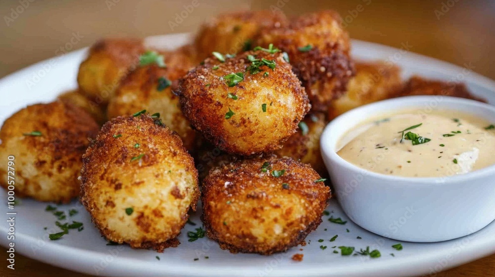 A plate of crispy potato croquettes, golden brown and perfectly seasoned, served with a tangy dipping sauce. A plate of crispy potato croquettes, golden brown and perfectly seasoned, served with a tangy dipping sauce.