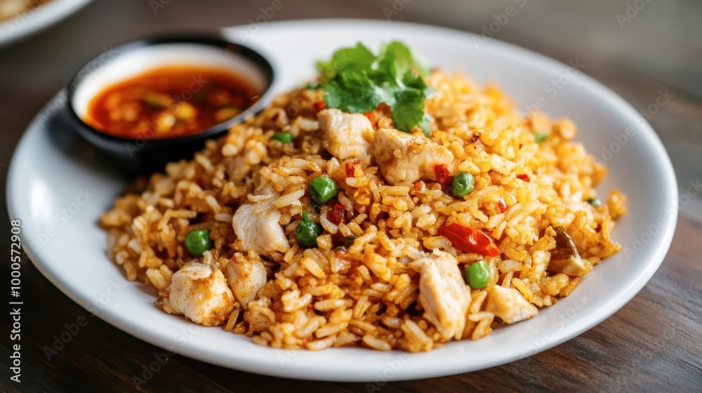 A plate of fried rice with chicken, served with a spicy chili sauce on the side, perfect for adding an extra kick of flavor. A plate of fried rice with chicken, served with a spicy chili sauce on the side, perfect for adding an extra kick of flavor.