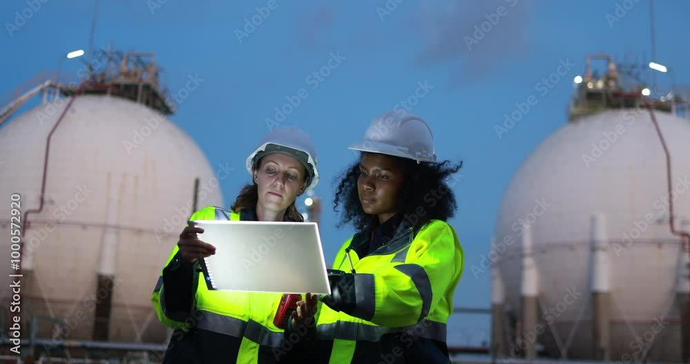 Two diversity female engineers using technology on the job with tablets and computers at a refinery petrochemical plant Two diversity female engineers using technology on the job with tablets and computers at a refinery petrochemical plant