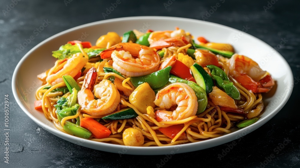A plate of stir-fried noodles with colorful vegetables and shrimp, tossed in a savory soy sauce glaze. A plate of stir-fried noodles with colorful vegetables and shrimp, tossed in a savory soy sauce glaze.