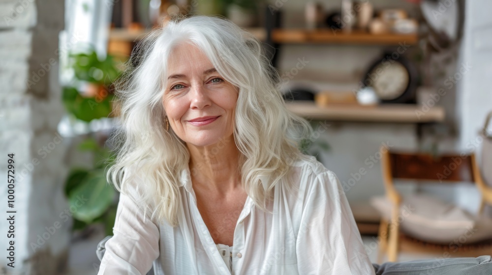 A true-to-life, detailed portrait of a happy older woman with white hair A true-to-life, detailed portrait of a happy older woman with white hair