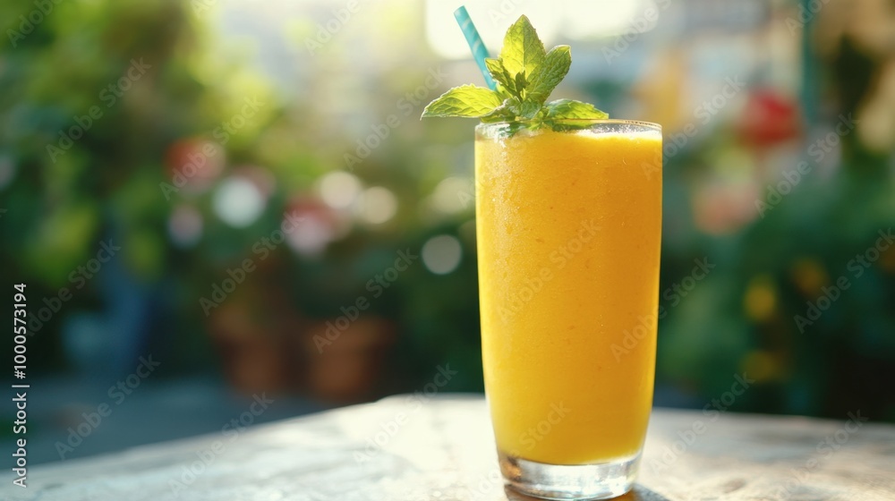A refreshing glass of mango smoothie topped with a sprig of mint, served on a sunny outdoor table. A refreshing glass of mango smoothie topped with a sprig of mint, served on a sunny outdoor table.