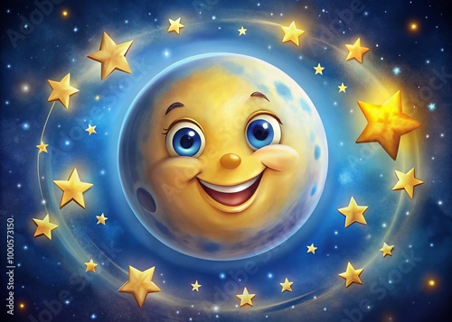 Whimsical Cartoon Illustration of a Smiling Moon Surrounded by Stars and a Dark Night Sky Background