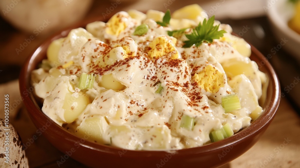 A serving of creamy potato salad, mixed with mayonnaise, mustard, celery, and boiled eggs, garnished with paprika. A serving of creamy potato salad, mixed with mayonnaise, mustard, celery, and boiled eggs, garnished with paprika.