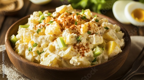 A serving of creamy potato salad, mixed with mayonnaise, mustard, celery, and boiled eggs, garnished with paprika.